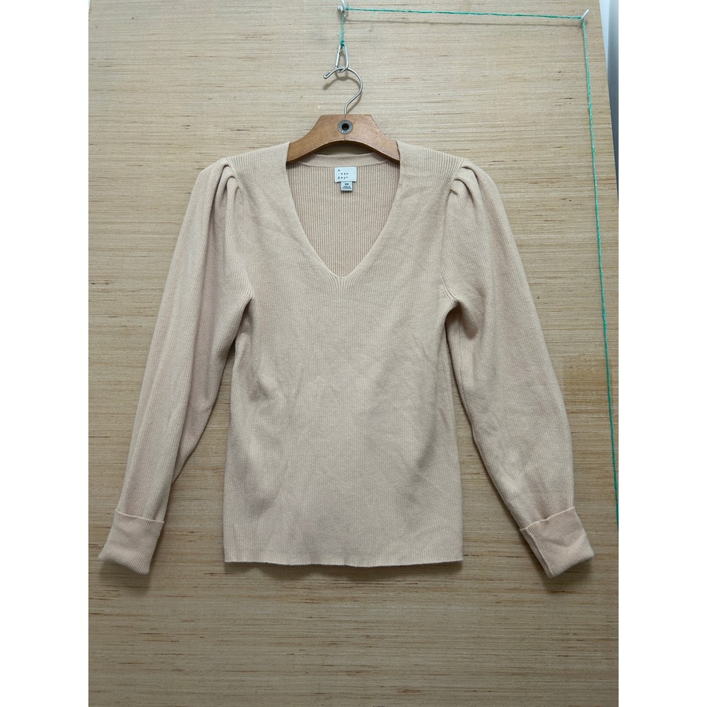 A New Day Womens V-Neck Ribbed Puff Sleeve Knit Sweater Beige XS 4830